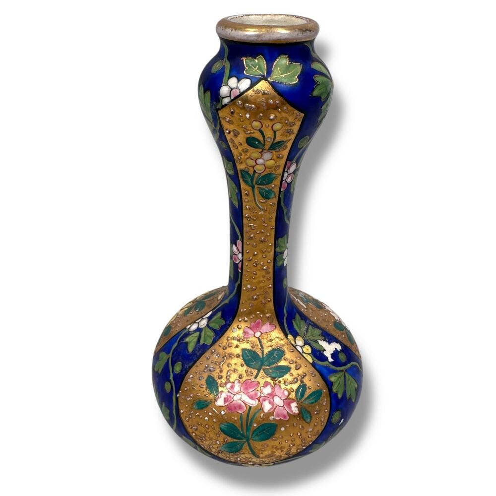 Antique Asian Moriage Slipware Ceramic‎ Vase 7" with Heavy Gilding Blue Floral